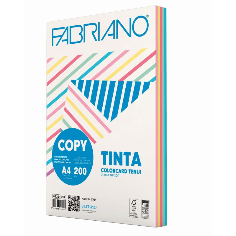 RISMA CARTA A4 200GR. 100FF. 5 COLORI TINTE TENUI FABRIANO