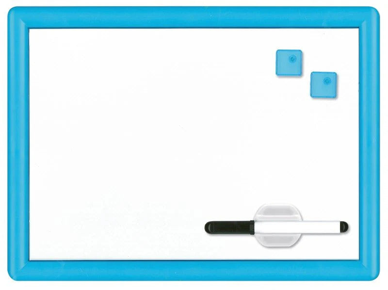 Lavagna magnetica bianca con cornice in plastica azzurra