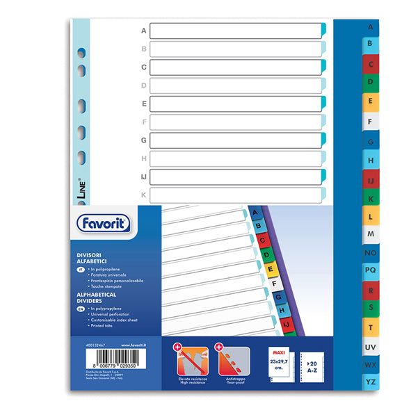 FAVORIT DIVISORI ALFABETICI AZ A4 20 TACCHE STAMPATE IN PPL