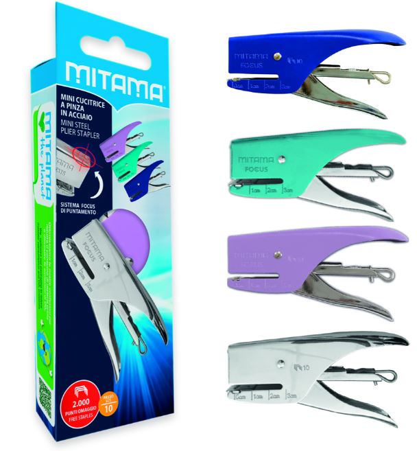 Cucitrice Mini Mitama Focus Inox+2000 punti Colori Assortiti