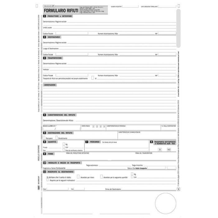 FORMULARIO IDENTIFICAZIONE RIFIUTI MODULO CONTINUO 12"X24 CM
