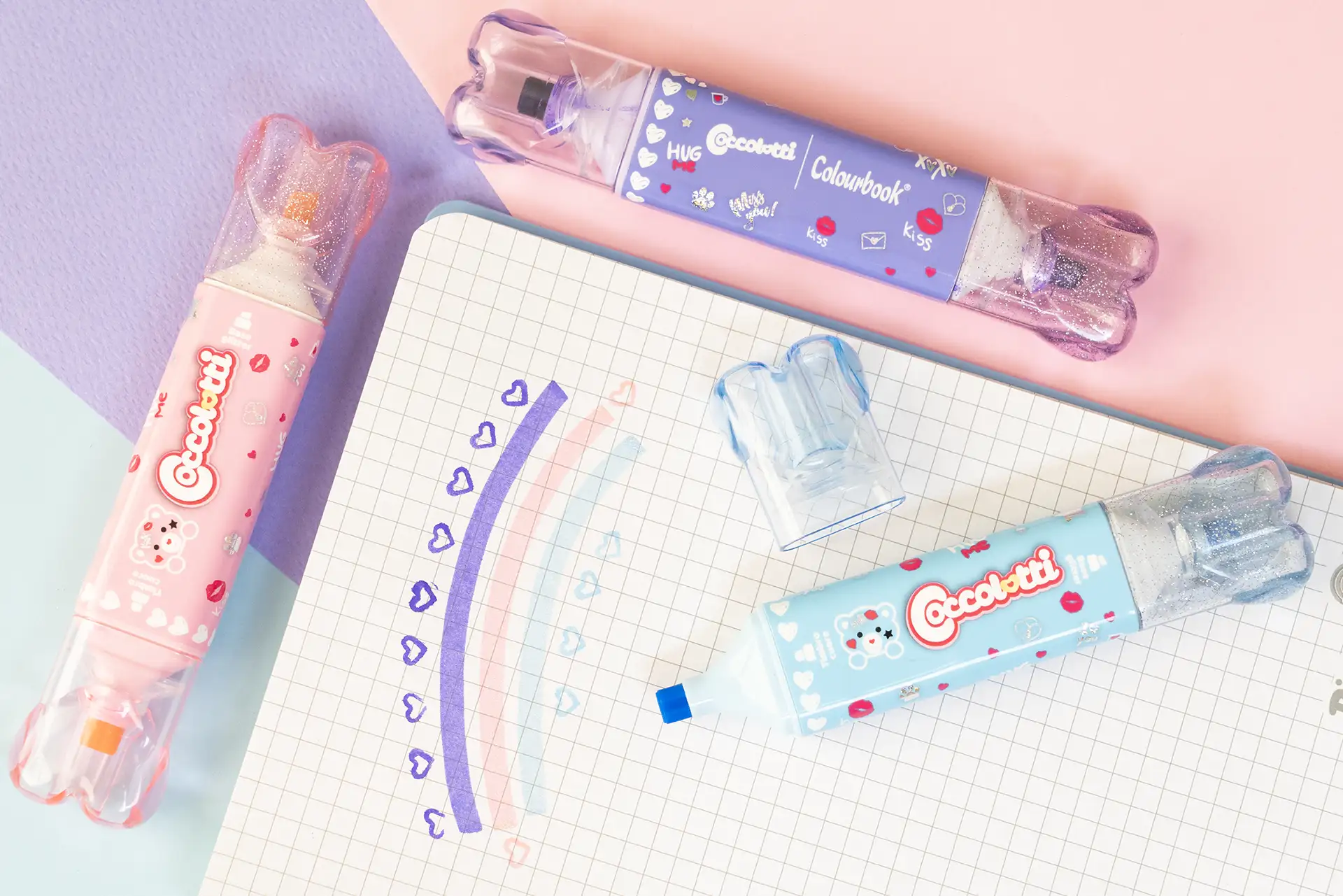 Set 3 evidenziatori glitter con timbro - Coccolotti