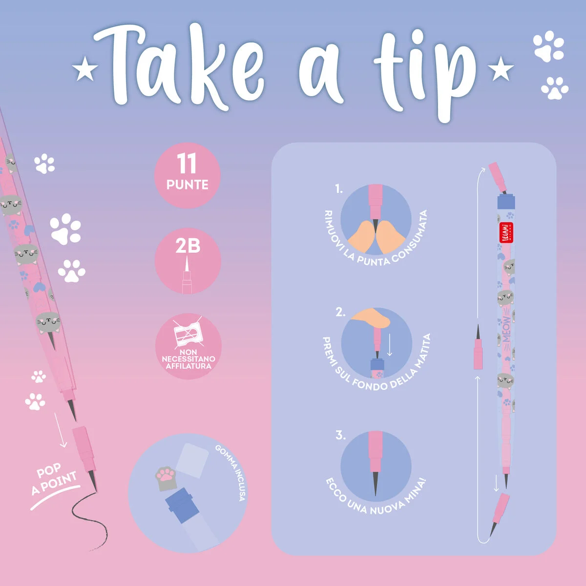 Legami - Matita Impilabile con Gomma Take a Tip - Kitty