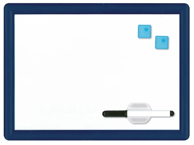 Lavagna magnetica bianca con cornice in plastica blu