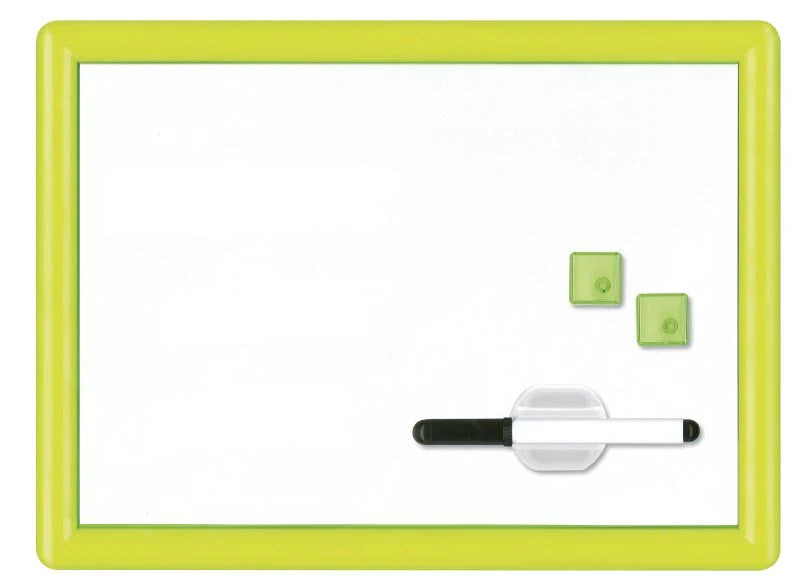 Lavagna magnetica bianca con cornice in plastica verde