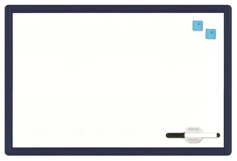Lavagna magnetica bianca con cornice in plastica blu