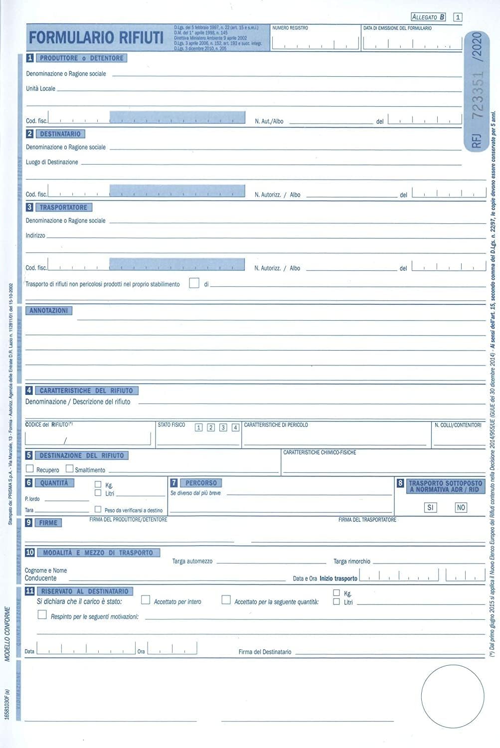 CF. DA 5 BLOCCO FORMULARI DI IDENTIFICAZIONE RIFIUTI TRASPOR