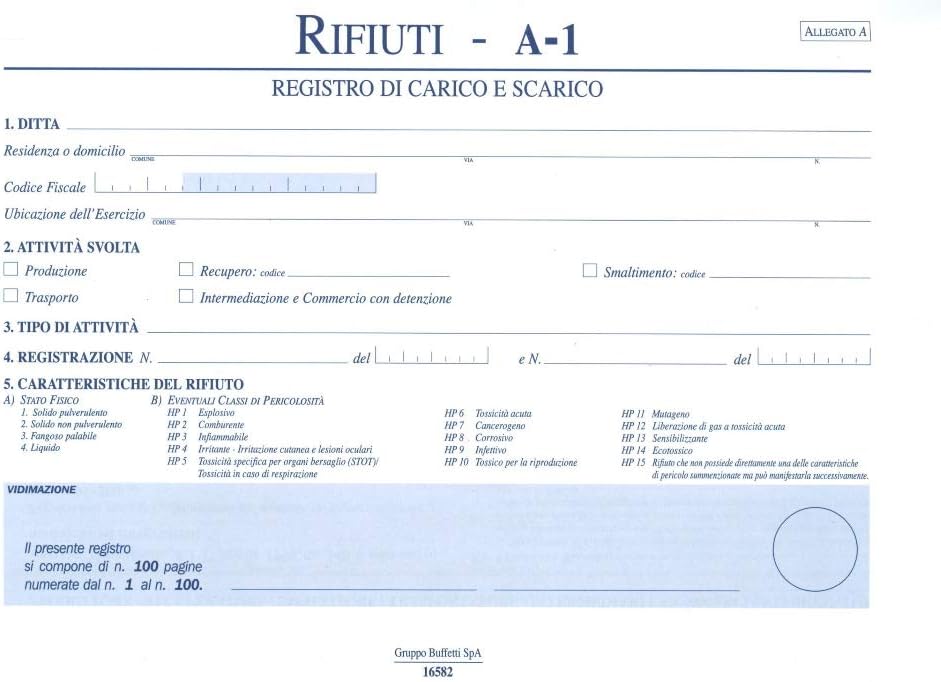 CF 2 PZ. Registro car-scar rifiuti Mod.A per detentori 100