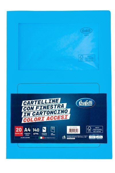 Cf.20 Cartelline c/finestra cartoncino 140gr 29 7x21 Azzurro