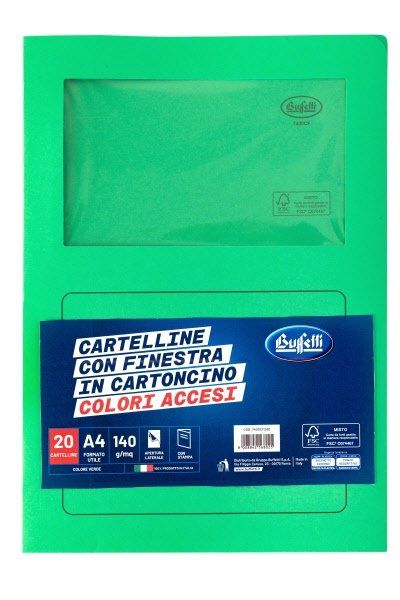 Cf.20 Cartelline c/finestra cartoncino 140gr 29 7x21 Verde