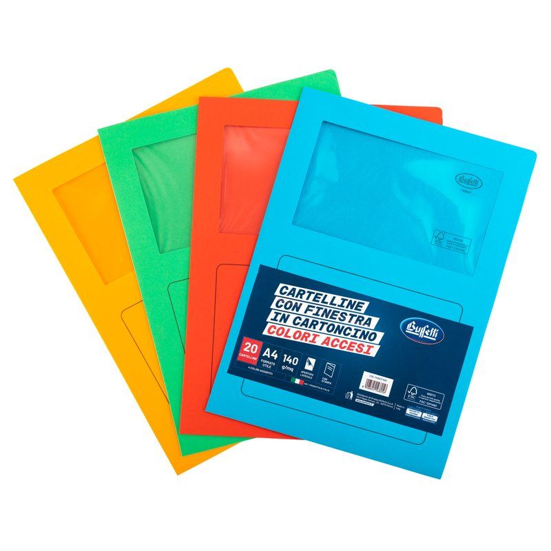 Cf.20 Cartelline c/finestra cartoncino 140gr 29 7x21 C. ASS.